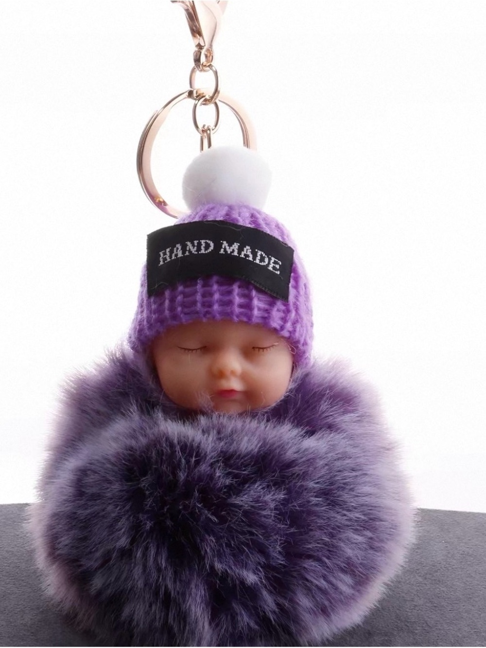 Cute Sleeping Baby Doll Purple Pom Pom Keychain Bag Charm
